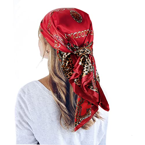 QBSM 35'' Satin Large Square Head Scarf Silk Feeling Neck Scarves Hair Sleeping Wrap Lightweight Headscarf for Women - color: Red Leopard