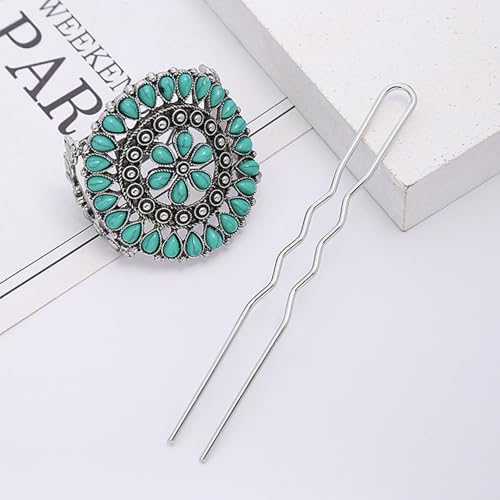 1 Pack Turquoise Flower Hair Clip Metal Hair Sticks Hair Barrettes Blue Stone Hairpin for Women Accessories - color: Green