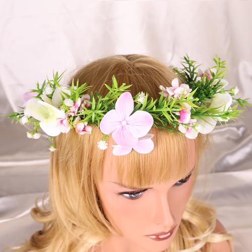 Boho Floral Crown for Women– Adjustable Faux Silk Flower Headband, Handmade Wedding Hair Accessory for Festivals & Photoshoots, Flower Hair Crown for Women (Purple White Flower Leaf, Adjustable) - color: Purple White Flower Leaf