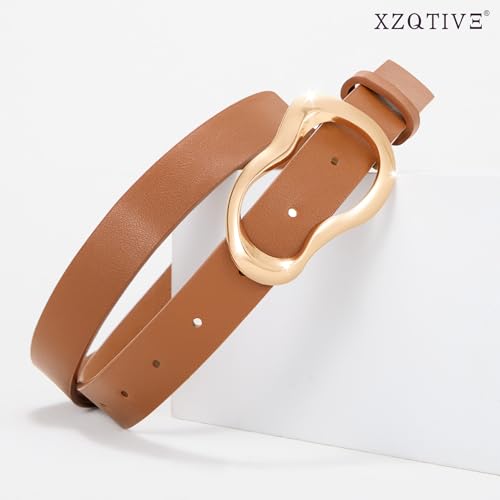 XZQTIVE Leather Belts for Women Casual Fashion Waist Belt for Jeans Pants Dresses with Unique Liquid Shapes Gold Buckle - color: Brown, size: Fit Waist 40-47in