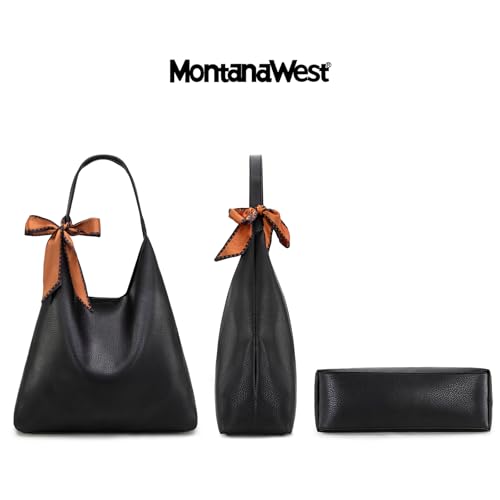 Montana West Slouchy Hobo Bag for Women Shoulder Purses and Handbags with Scarf - color: Jet Black