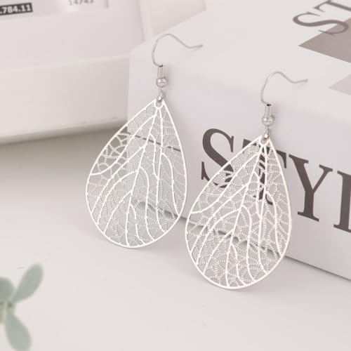Teardrop Earrings for Women, 14K Plated Dangle Earrings Handmade Filigree Teardrop Dangling Earrings Ginkgo Hypoallergenic 925 Sterling Leaf Earrings for women - color: Silver