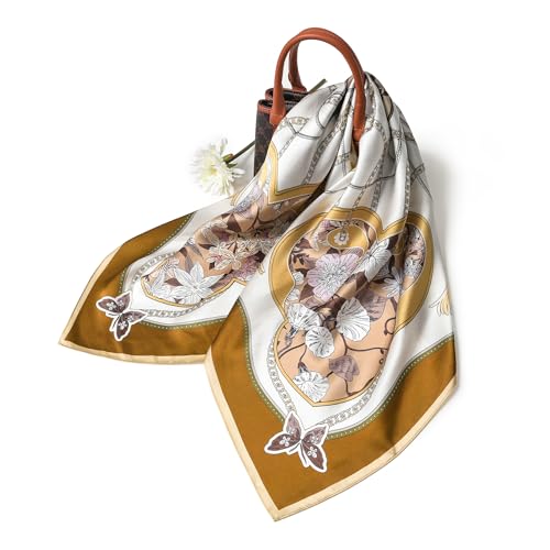 SHIROUYU 100% Pure Mulberry Silk Scarf 35" Large Square Lightweight Headscarf –Women’s Hair Wraps The shawl-With Gift Packed - color: Brown-15
