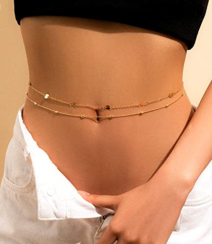 Honsny 2PCS 25-43Inch 18K Gold Plated Waist Chain Minimalist Pearl Belly Body Chain Gold Layered Sexy Bikini Body Chains Waist Jewelry for Women - color: D:Sequin & Beads, size: L(37-43INCH)