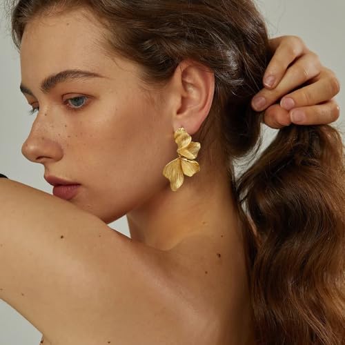 Gold Statement Earrings For Women 18K Gold Plated Sectored Flower Leaf Shell Angel Wing Earring Large Stud Earrings Hypoallergenic Stud - color: Flower Leaf Earrings