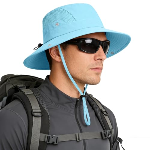 Sun Hat for Men Women UV Protection Wide Brim Fishing Hats Breathable UPF 50+ Boonie Bucket Hats Beach Safari Hiking Garden - color: 1 Pack Lightblue