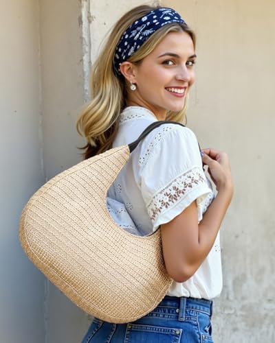 Herald Hobo Crescent Straw Handbag for Women, Summer Beach Tote Bag Purse Top Handle Satchel with Adjustable Strap - color: Black