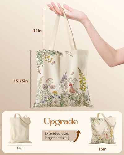 Miss Adola Canvas Tote Bag with Zipper – Cute Canvas Bags for Women Aesthetic Design Reusable Totes for Shopping Work Travel - style: Fresh Flowers