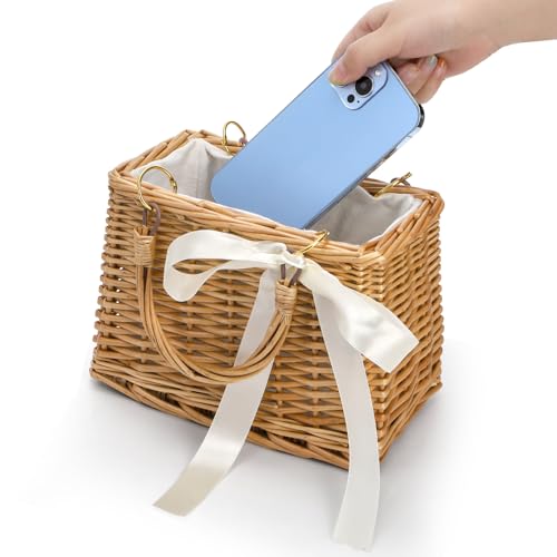Pumtus Handwoven Rattan Handbag, Wicker Rectangle Basket Purse with White Ribbon, Summer Beach Top Handle Clutch, Boho Style Woven Purse, Rustic Flower Basket for Women, Travel, Vacation, Wedding