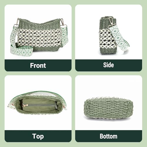 Herald Small Summer Crossbody Bags for Women, Beach Handmade Straw Woven Pocketbooks Handbag Shoulder Purse - color: Green With Silvery Thread