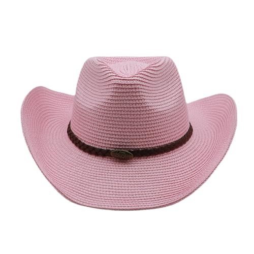 Straw Cowgirl Hat for Women Cowboy Hats for Men Wide Brim Sun Hat Shapeable Western Hat Beach Hat - color: Pink
