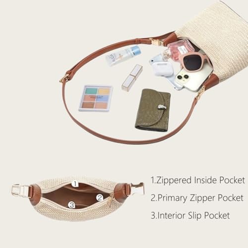 Straw Crossbody Bag for Women, Summer Raffia Handbag Top Handle Woven Tote Purse Vacation Handmade Bucket Clutch Bag - color: Beige Brown