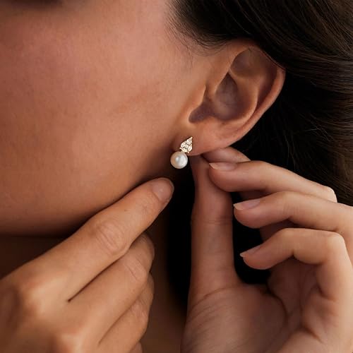 Hayopi Pearl Earrings for Women - Dainty Gold Dangle Drop Earrings, 14k Gold Plated Cute Bow Design, Hypoallergenic Pearl Studs, Wedding Jewelry Gifts - color: GOLD-Sharp CZ earrings