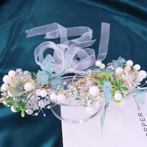 Boho Floral Crown for Women– Adjustable Faux Silk Flower Headband, Handmade Wedding Hair Accessory for Festivals & Photoshoots, Flower Hair Crown for Women (Blue Butterfly, Adjustable) - color: Blue Butterfly