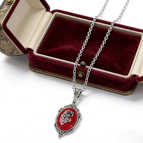 Gothic Vintage Gem Pendant Necklace | Victorian Style Filigree Silver-Tone Jewelry | Ideal Gift for Party Cosplay & Daily Wear - color: Red Rose