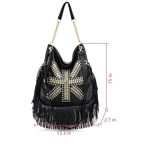 PU Leather Fringe Hobo Bag Large Studded Handbag Crossbody Bag for Women - color: Black