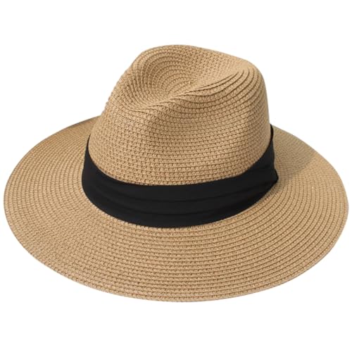 Lanzom Women Wide Brim Straw Panama Roll up Hat Fedora Beach Sun Hat UPF50+ - color: Brown/Black, size: Large-X-Large