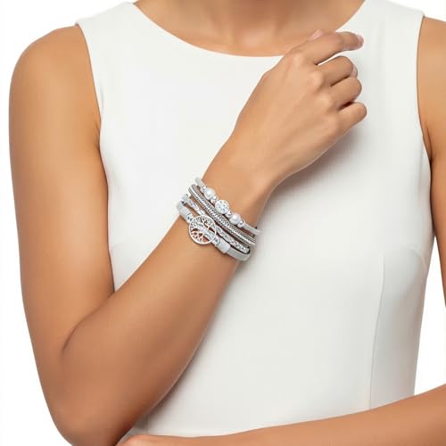 Edoneery Leather Wrap Bracelet for Women, Boho Handmade Multi-Layer Cuff with Crystal Beads Heart, Stackable Bangle Western Jewelry Gift - style: Tree of Life(Silver)