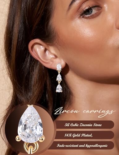 Dangle Earrings for Women, 14K Gold Plated Elegant Wedding Bride's Long Cubic Zirconia Drop Earrings, Sterling Silver Hypoallergenic Bridesmaid Trendy Dainty Simple Sparkling Wedding Jewelry - color: Small circle-Silver