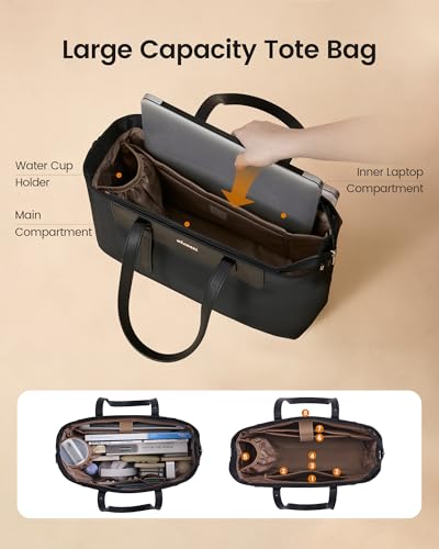 LOVEVOOK Laptop Tote Bag for Women, Water-Resistant Work Tote Bag Large Capacity Computer Bag for Travel, Nylon & PU - color: Black, size: 15.6Inch