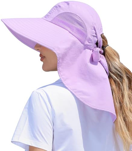 Womens Sun Hat Outdoor UV Protection Wide Brim Fishing Hat with Ponytail Hole Neck Flap for Beach Hiking Camping - color: Sun Hat-purple