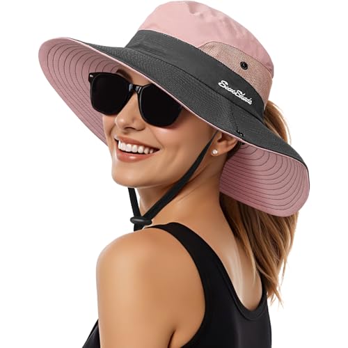 Womens Sun Hat - Sun Hats for Women with Ponytail Hole, Foldable Wide Brim Cooling Mesh Beach Fishing Hat for Outdoor - color: Pink & Grey