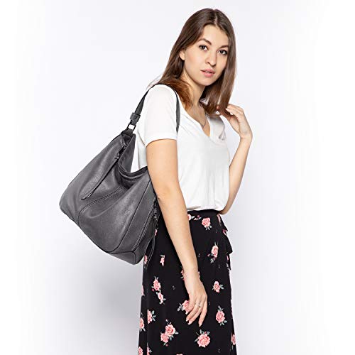 Realer Hobo Crossbody Bags for Women Designer Faux Leather Hobo Handbags Retro Large Size Shoulder Bag Bucket Purse - color: Heavy Gray-gun Black Hardware（15.2"）, size: Large-15.2 inch