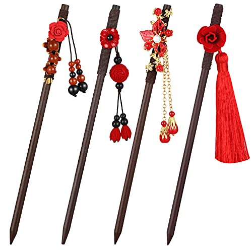 Waydress 4 Pcs Asian Hair Stick Accessories for Women Chinese Japanese Hair Chopsticks Clips Retro Geisha Red Wooden Cherry Hairpins Handmade Flower Tassel Geisha Costume for Girl(Classic Style)