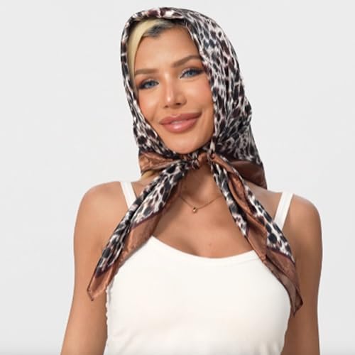 Leopard Print Head Scarf for Women Like Silk Satin Scarf for Hair Wrapping at Night Bandana Square Scarf 35 Inches - color: New Leopard