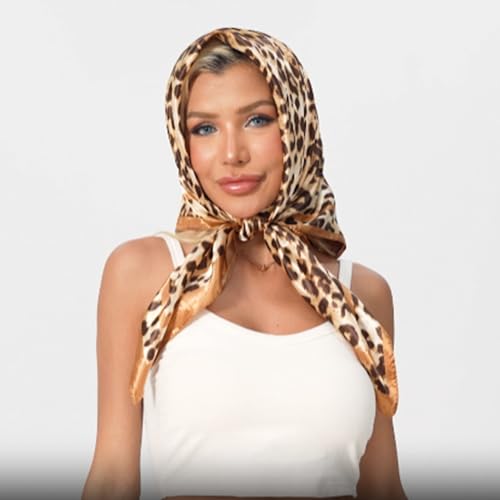 Leopard Print Head Scarf for Women Like Silk Satin Scarf for Hair Wrapping at Night Bandana Square Scarf 35 Inches - color: Coffee Gold