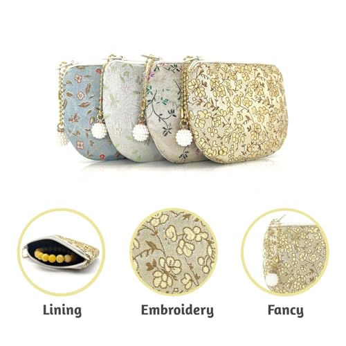 Handmade Women Coin Purse Rosary Pouch Silk Jewelry Bag Brocade Zipper Wallet - Golden - color: Golden