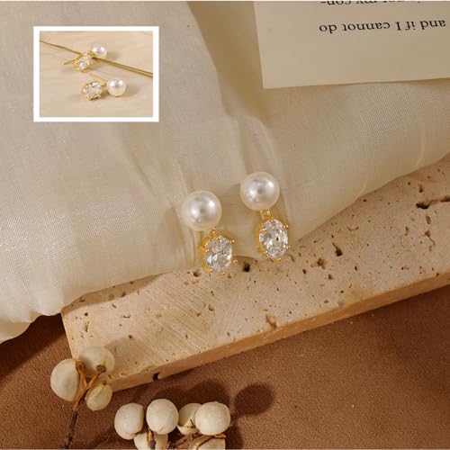 Hayopi Pearl Earrings for Women - Dainty Gold Dangle Drop Earrings, 14k Gold Plated Cute Bow Design, Hypoallergenic Pearl Studs, Wedding Jewelry Gifts - color: GOLD-Inverted Pearl