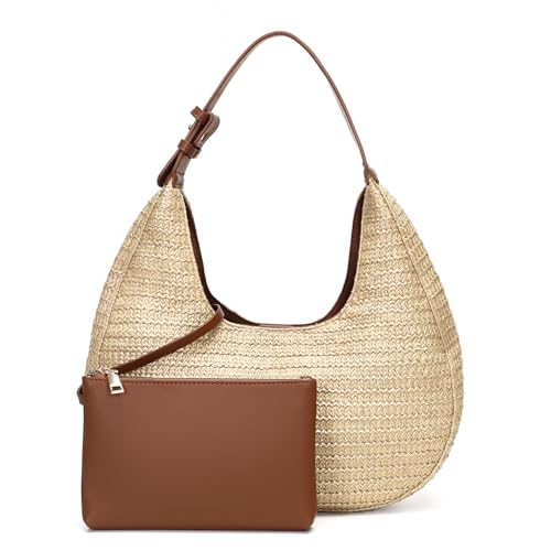 Herald Hobo Crescent Straw Handbag for Women, Summer Beach Tote Bag Purse Top Handle Satchel with Adjustable Strap - color: Brown