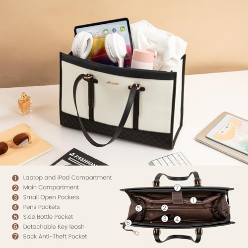 LOVEVOOK Women's Canvas Laptop Tote, 17.3 inch, Large Capacity Work Bag with Clutch Purse, Computer Bag Office Business Briefcase, Casual Handbag for Travel College Teacher School - color: A-black & White, size: 17.3 inch