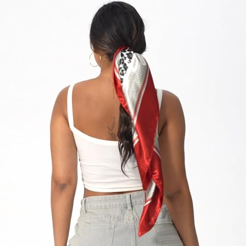 Leopard Print Head Scarf for Women Like Silk Satin Scarf for Hair Wrapping at Night Bandana Square Scarf 35 Inches - color: Red