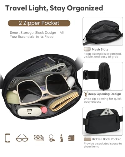 Pritent Fanny Packs for Women Cross Body Bag Waterproof Belt Bag with Adjustable Strap and Zipper Back Pocket Small Crossbody Bags Fashion Waist Packs for Workout Travelling(Black) - color: Black, size: Small
