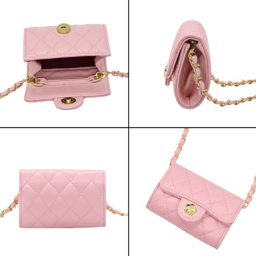 YAMEIZE Mini PU Leather Chain Belt Bag for Women Quilted Waist Purse Crossbody Fanny Pack Detachable Belt Chain - color: Pink 4.7x2.7 Inch