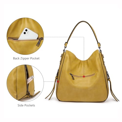 Realer Hobo Crossbody Bags for Women Designer Faux Leather Hobo Handbags Retro Large Size Shoulder Bag Bucket Purse - color: Yellow-gun Black Hardware（15.2"）, size: Large-15.2 inch