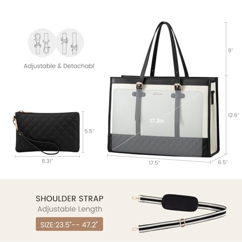 LOVEVOOK Women's Canvas Laptop Tote, 17.3 inch, Large Capacity Work Bag with Clutch Purse, Computer Bag Office Business Briefcase, Casual Handbag for Travel College Teacher School - color: A-black & White, size: 17.3 inch