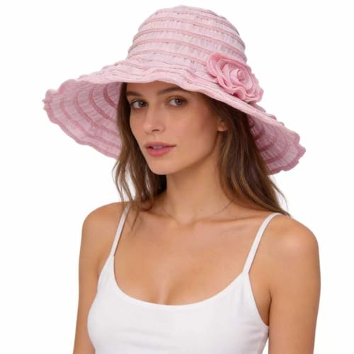 FORBUSITE Women Folding Vintage Outdoor Sun Hats for Beach Garden Travelling UV Protection - color: Gs013-pink