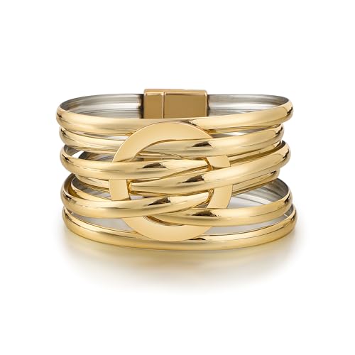 Edoneery Leather Wrap Bracelet for Women, Boho Handmade Multi-Layer Cuff with Crystal Beads Heart, Stackable Bangle Western Jewelry Gift - style: Circle PU(Gold)1