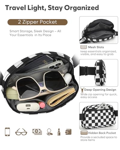 Pritent Fanny Packs for Women Cross Body Bag Waterproof Belt Bag with Adjustable Strap and Zipper Back Pocket Small Crossbody Bags Fashion Waist Packs for Workout Travelling(Checkered Black) - color: Checkered Black, size: Small