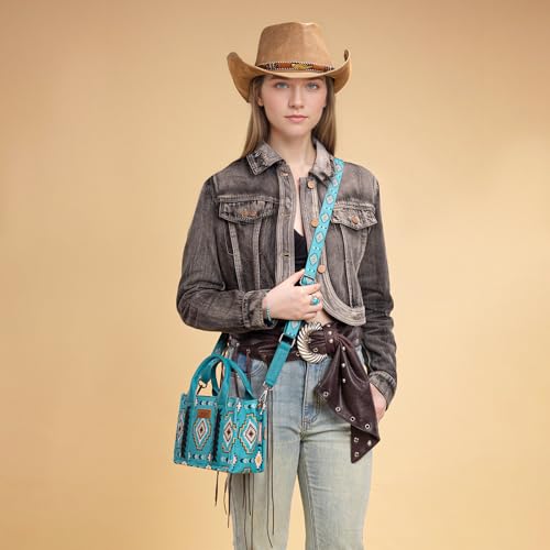 Wrangler Mini Aztec Tote Bag for Women Boho Small Top Handle Purse with Adjustable Strap - color: Boho Turquoise