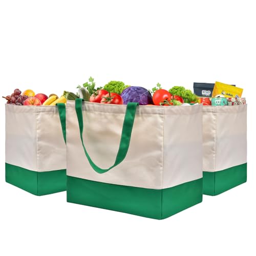 Canvas Reusable Grocery Bags Heavy Duty, 8.3 gal Foldable Large Canvas Tote Bag with Handles, Holds 60 lbs Shopping Bags, 3 Pack - color: [A1] Off White / Green, size: 3 Pack