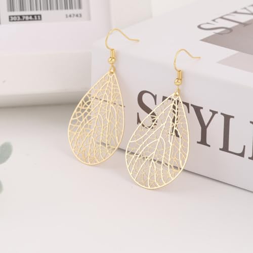 Teardrop Earrings for Women, 14K Plated Dangle Earrings Handmade Filigree Teardrop Dangling Earrings Ginkgo Hypoallergenic 925 Sterling Leaf Earrings for women - color: Gold