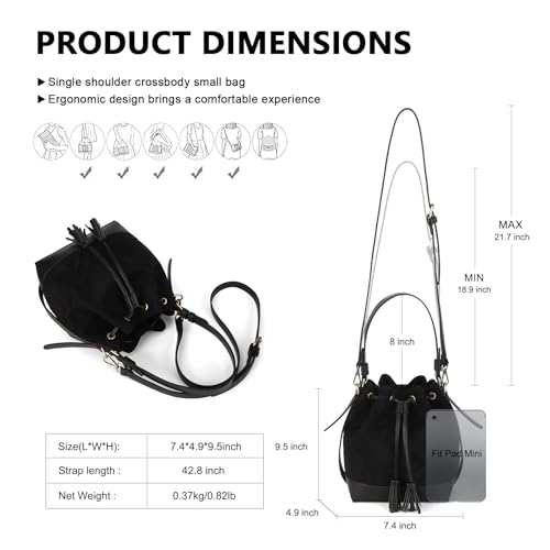 AFKOMST Faux Suede Bucket Bags and Drawstring Crossbody Purse for Women Medium Tote Handbags with 2 Shouder Straps | Fit Pad mini, Long Wallet, Removable Long Strap - color: Black