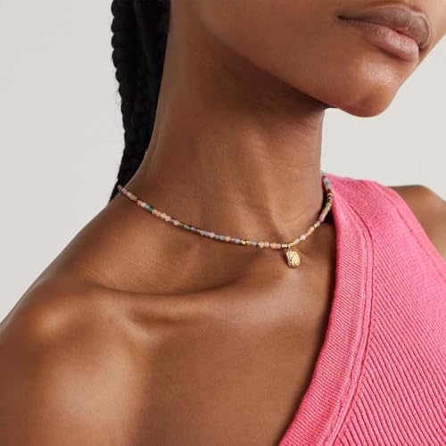 KissYan Beaded Choker Necklace for Women, Colorful Natural Gemstones Pearl Choker 14K Gold Plated Pendant Healing Crystal Necklace Handmade Stone Jewelry Gift - color: W-Rainbow
