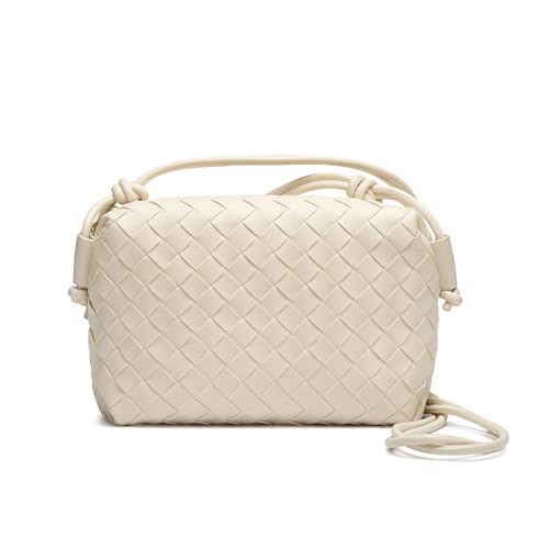 Woven Crossbody Bags for Women Handmade Woven Purse Shoulder Bag Small Handbag PU Leather Purses Bag - color: Beige