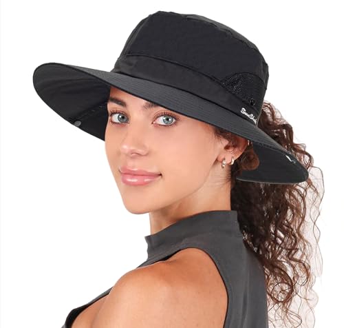 Womens Summer Sun Hat Beach Hat Wide Brim Outdoor UV Protection Hat Packable Mesh Bucket Hat with Ponytail Hole - color: Solid Black