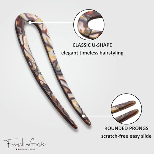 French Amie Slick Silver Onyx Grey Large 4 1/4" Handmade Cellulose Acetate No Slip Grip Metal Free Chignon U Hair Pin Stick for Women and Girls, Made in France - color: Onyx Silver Grey